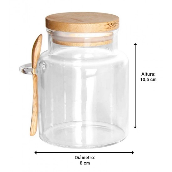 Porta Mantimento 350ml 10,5 Cm Por 8cm Em Vidro Borossilicato Com Tampa E Colher Em Bambu